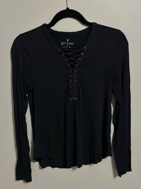 American Eagle Black Lace-Up Long Sleeve Top